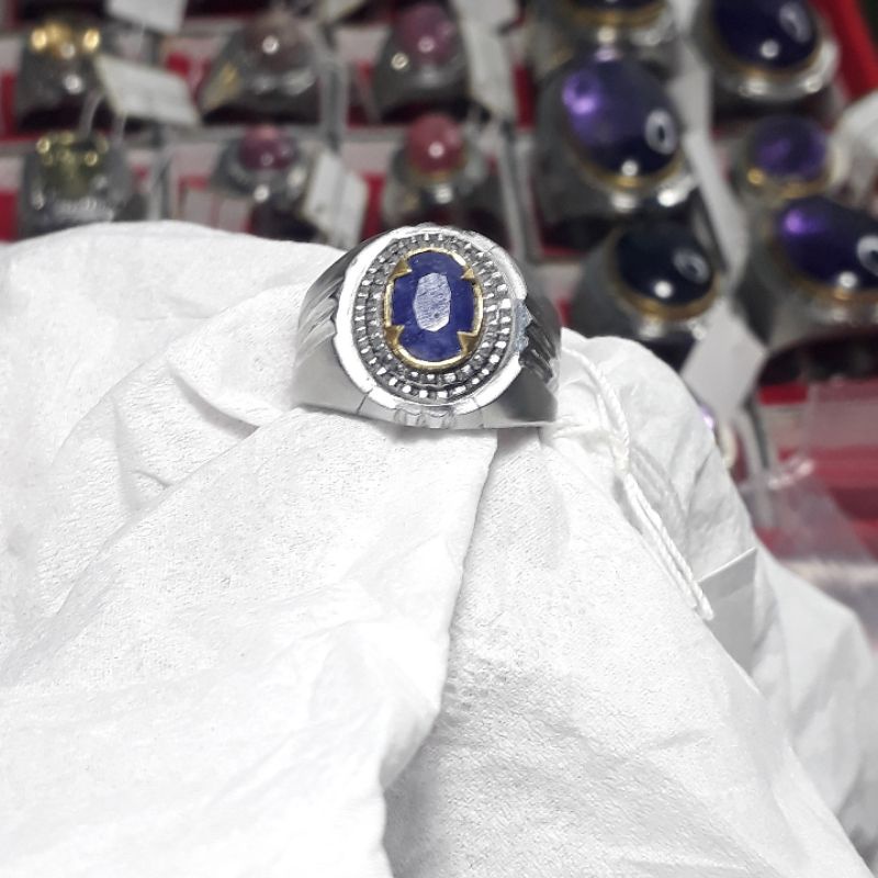 cincin batu permata asli natural blue sapphire. emban ikat ring monel super doff handmade