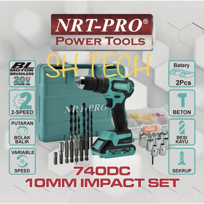 Nrt Pro 740Dc 740 Dc Bor Cordless Brushless Mesin Bor Batre Set