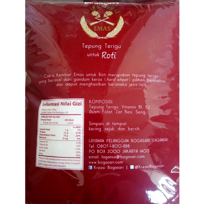 

TEPUNG TERIGU CAKRA KEMBAR EMAS ROTI 5 KG - BOGASARI TINGGI PROTEIN