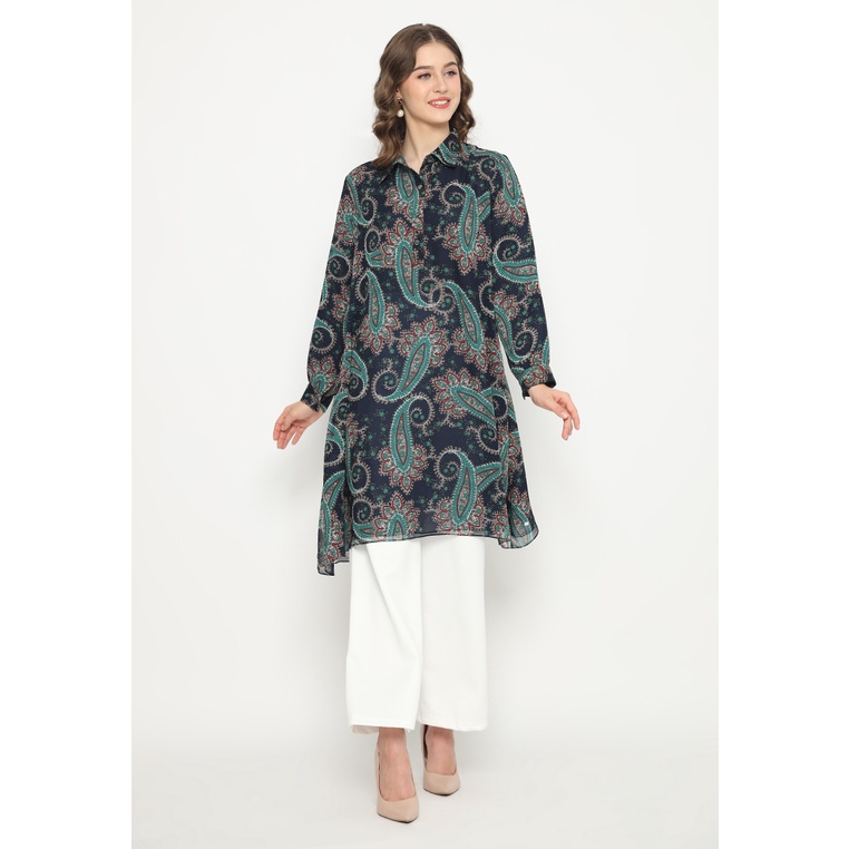 [LIMITED] BEST PRODUCT Tunik Wanita Navy Lengan Panjang Motif Paisley Bahan Sifon Arlette By