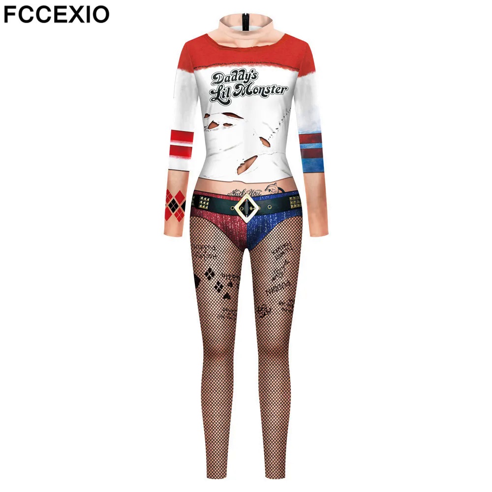 FCCEXIO Daddy's Little Monster 3D Print Sexy Bodysuits Cosplay Costume Jumpsuit Adults Onesie Long S