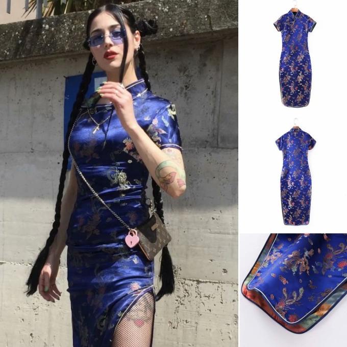 CHEONGSAM BIRU PANJANG WANITA MODEL SLIT GAYA ELEGANN IMPORT PREMIUM