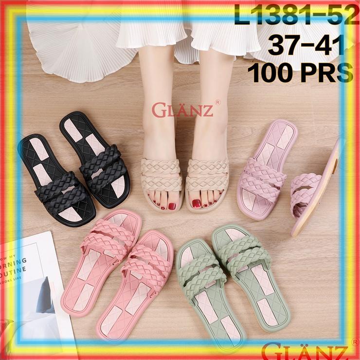 Termurah L1381-52 Sandal Slop Motif Kepang Dua Karet Wanita Glanz Sendal Selop Cewek Empuk Alas Catu