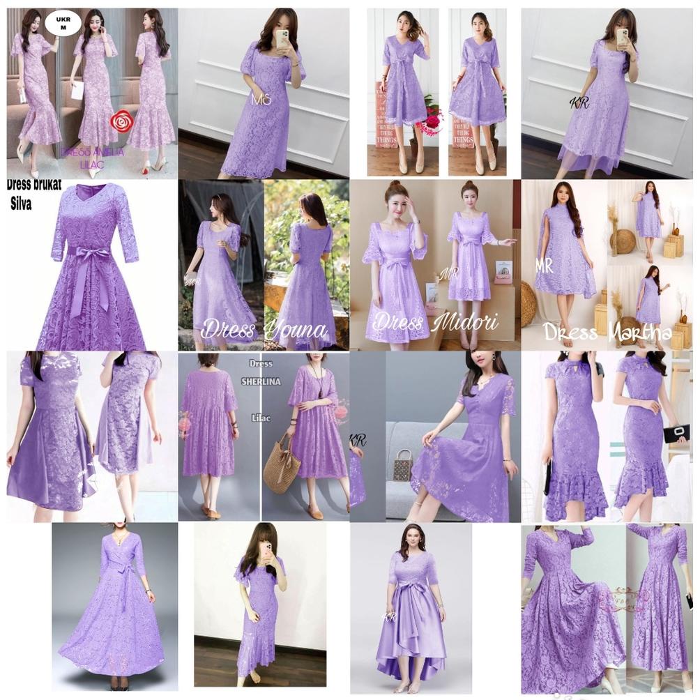 BJR4 Dress party brukat ungu / Dress Lilac wanita / Dress natal terlaris / Aneka dress brokat warna 