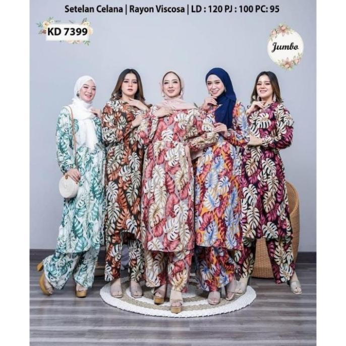 SETELAN CELANA LONG TUNIK JUMBO LD 120 BAJU MUSLIM WANITA RAYON BUNGA