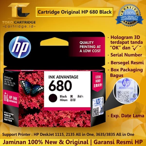 

TINTA HP 680 BLACK ORIGINAL KATRID HP 680 HP680 CATRIDGE HP F6V27AA