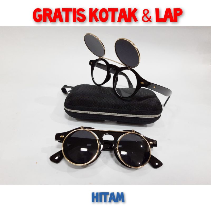 Kacamata 2 In 1 Hitam Bening Steampunk Bulat Boboho Clip Flip Up Retro Gaya Gaul Trendy El Bagus