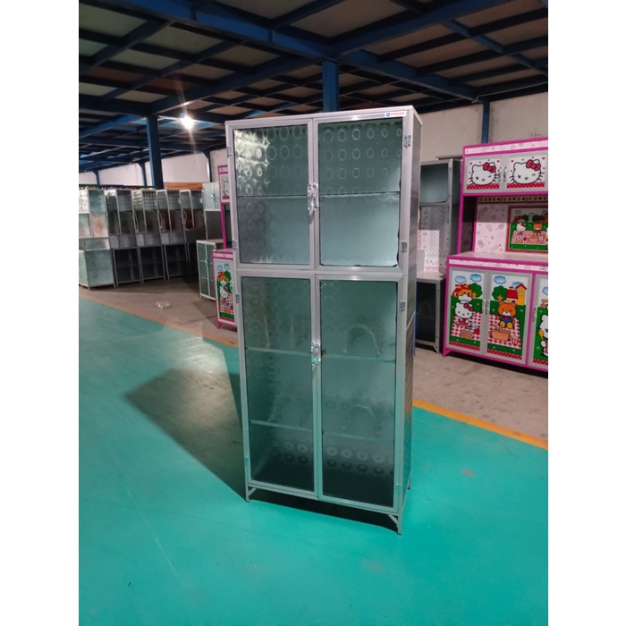 Promo Lemari Dapur Rak Piring Full Kaca 4 Pintu Bahan Aluminium