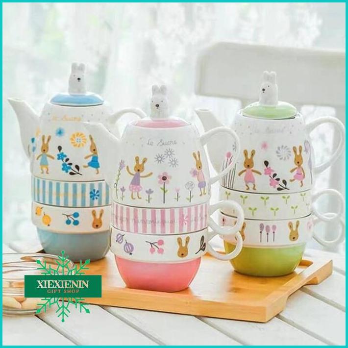 XIEXIENIN Gelas Teko + 2 Mug Set Rabbit Tea Set Keramik Kado Ultah Imlek Murah
