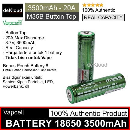 ORIGINAL VAPCELL M35B BUTTON TOP 18650 BATERAI SENTER BATRE BATTERY