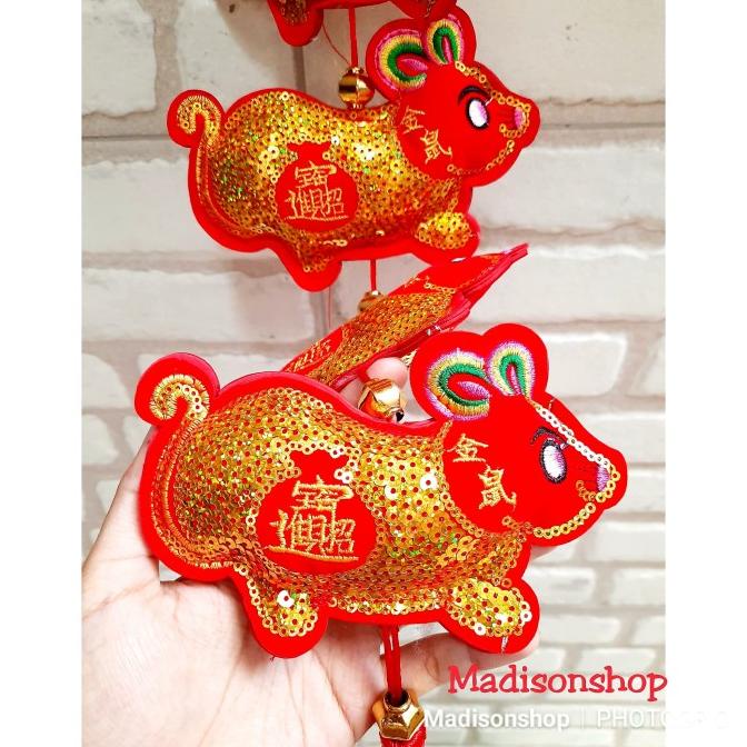 

{ Dragombol_Official } Boneka Tikus Mote Susun 5 Gantungan Hoki Dekorasi Imlek Murah Emas Stok Terbatas