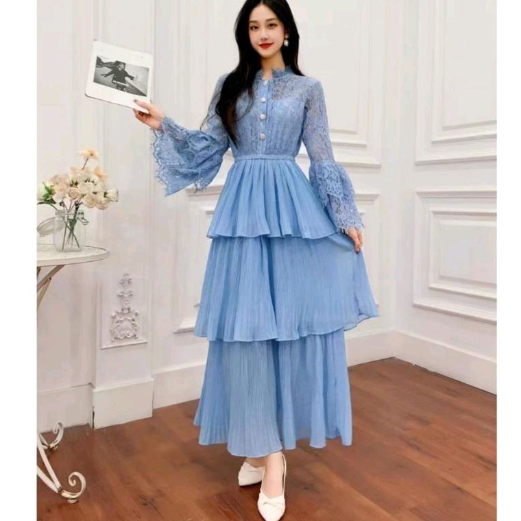 91955 Baju Maxidress longdress MAXI DRESS LACE TIERED BROKAT REMPEL SUSUN TINGKAT polos dres Korea K
