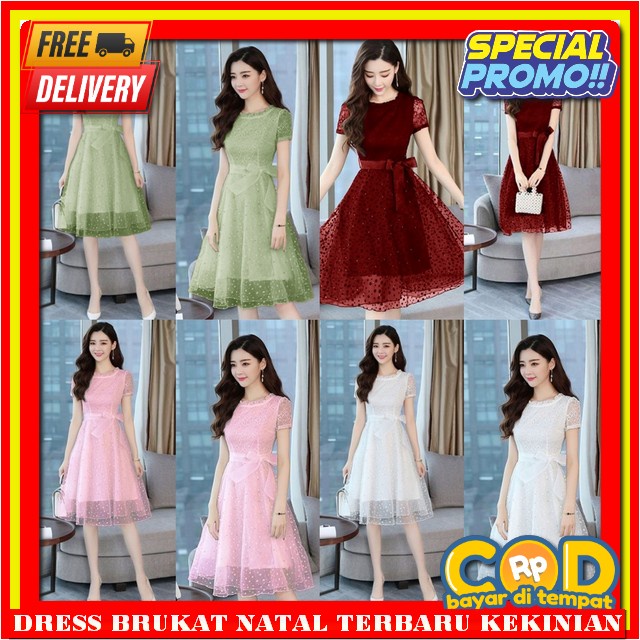 Dreas Korean Style Wanita Draes Bruklat Wnita Kekinian Dres Brukat Kondangan Mewah Elegan Lengan Pen