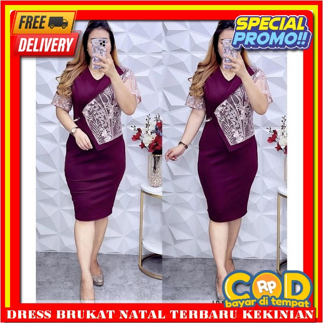 Midi Dress Korea Motif Drees Merah Maroon Dreses Berukat 2024 Dres Natal Terbaru 2023 Kekinian Gaun 