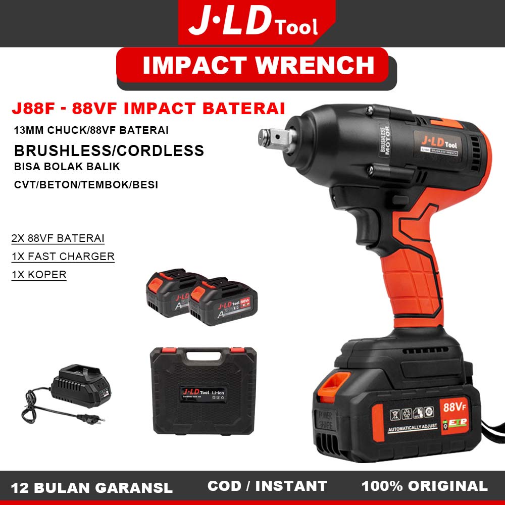 JLD 550N.M impact wrench brushless cordless bor impact 88VF 4.0Ah 2 baterai koper mesin bor impact I