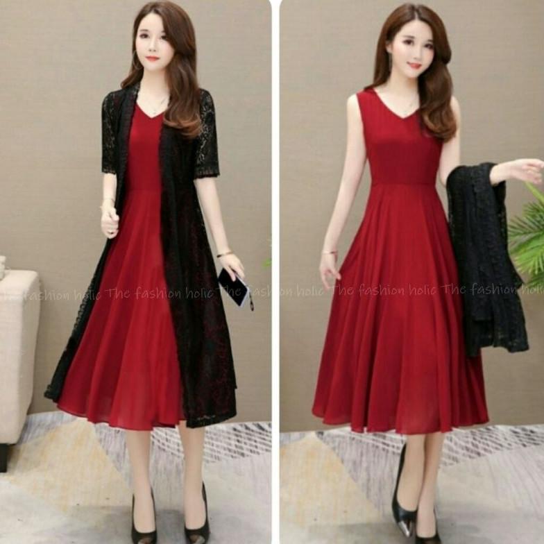 BJN 2in1 set LOVITA vr dress brukat moscrepe dress fashion korea MIDI DRESS BROKAT CORNELI  kekinian