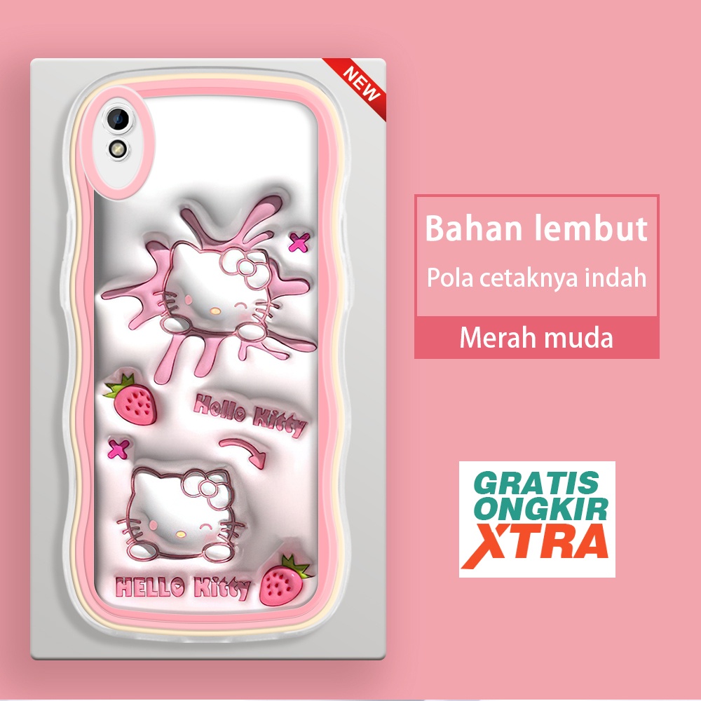 jinsouwe Redmi 6 6A 7 8 8A K40S 9A 9C 10A 9T 10C 10 5G Casing Ponsel  Pola stroberi HELLO KITTY 3D  
