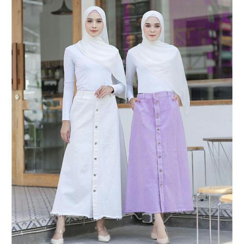 Berkualitas Rok button skirt jeans denim Rok span jins knitted putih hitam panjang Rok wanita