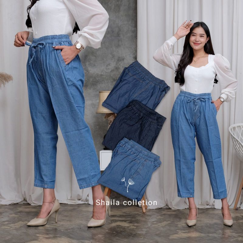 Celana Wanita Jeans Luna Pinggang Karet Tali