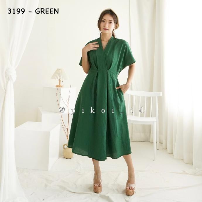Dress wanita hijau natal / dress merah imlek cny v ne katun linen