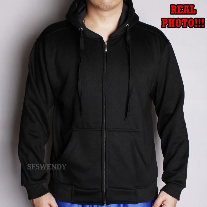TERLARIS - JAKET HOODIE ZIPPER PRIA FULL BLACK HITAM POLOS BIG SIZE XXL - XXXL