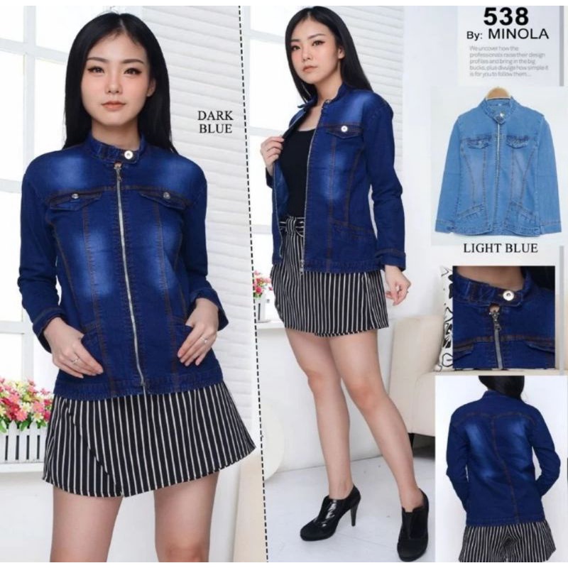 Jaket Jeans Dewasa Model Sanghai Warna Biru Navy Resletting / Jaket Denim Cewek Wanita Perempuan Vir