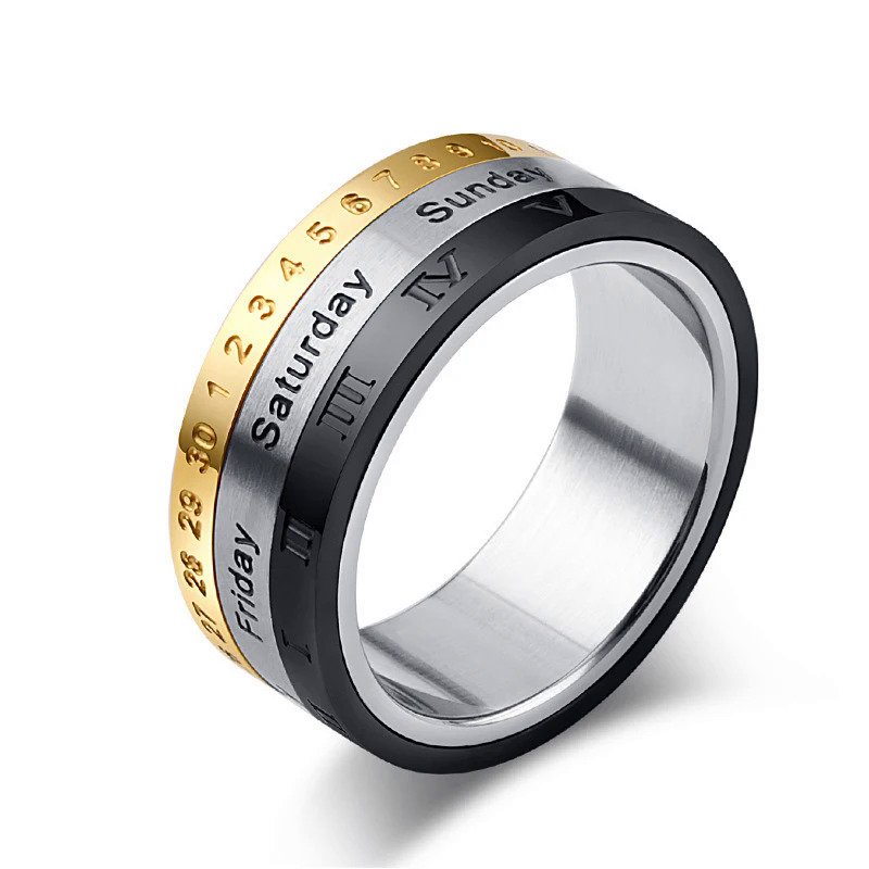 Cincin Modis 8Mm Stainless Steel Kecemasan untuk Pria Wanita Tanggal Kalender Angka Romawi Cincin An