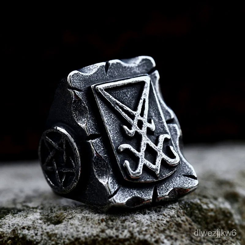 Cincin Vintage Pria Sigil Of Lucifer Signet Cincin Setan Retro Cincin Baja Tahan Karat Setan Hiop Pe