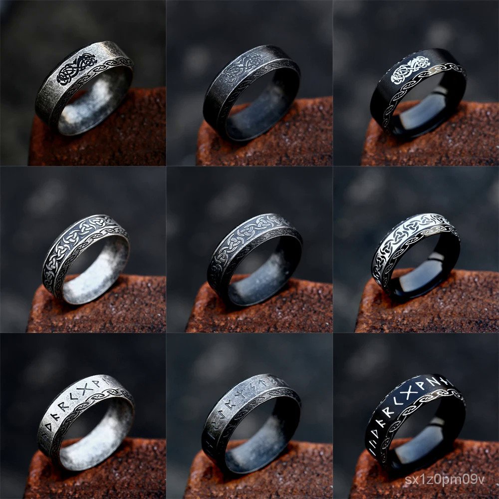 Cincin Vintage Odin Norse Viking Amulet Rune untuk Pria Baja Tahan Karat Valknut Celtic Cincin Simpu