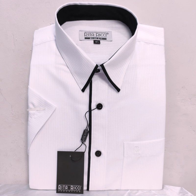 [EXCLUSIVE] BEST QUALITY Kemeja Pria Putih Doby List Hitam Slimfit Rita Ricci Lengan Pendek