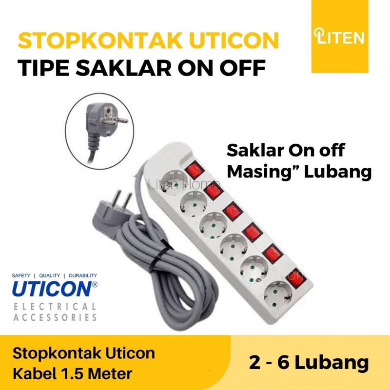 Stop Kontak Uticon 6 Lubang + Kabel 1.5 Meter + Saklar On Off Masing Lubang 2 3 4 5 Lubang Ternal