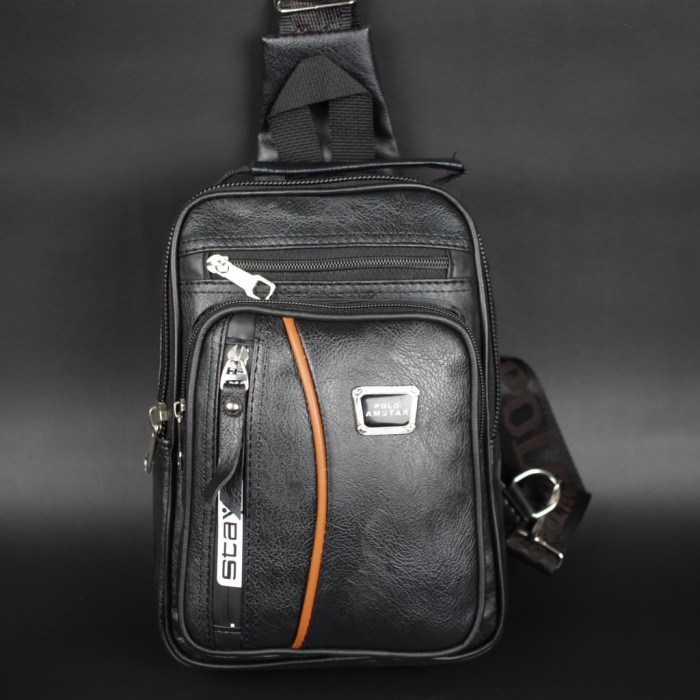 Slingbag Kulit PU Leather Polo Amstar Waterproof Tas Selempang Pria - Hitam(V1H1) Tas cowok selempan