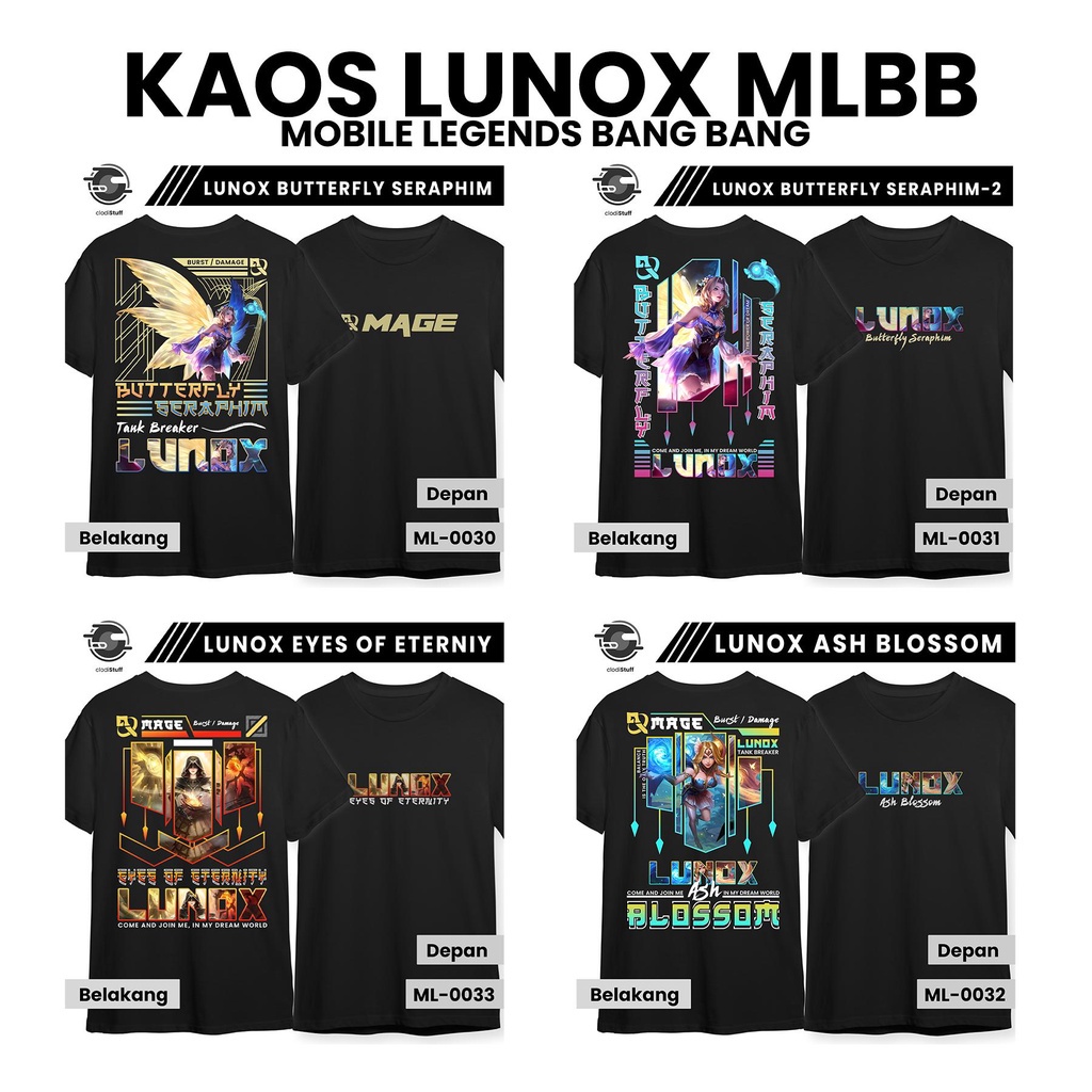 Kaos MLBB LUNOX SKIN Mobile Legends MLBB Lengan Pendek Hitam Combed 24s Distro Pria Wanita