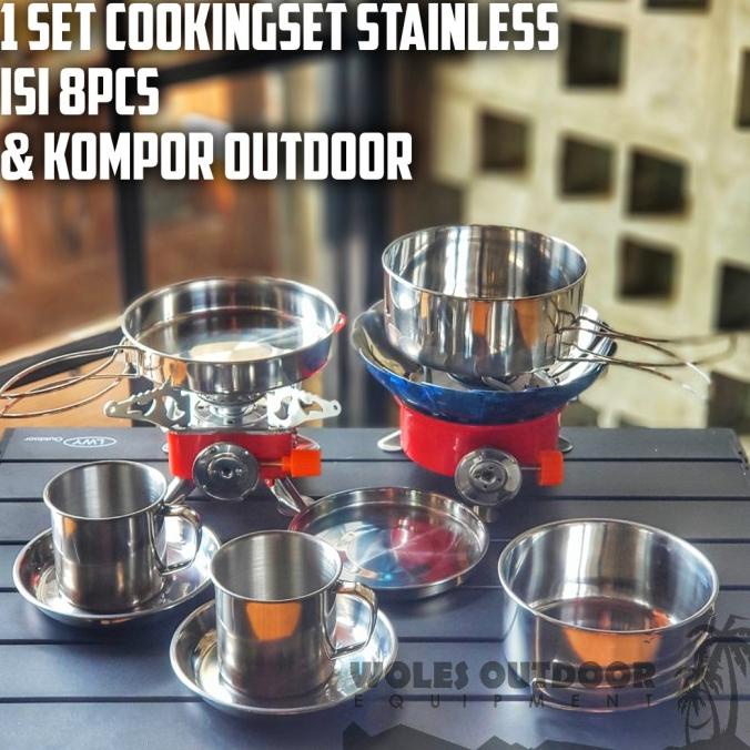 Terbaik Paket Cooking Set Stainless Isi 8 Pcs & Kompor Portable Camping Pengiriman Cepat