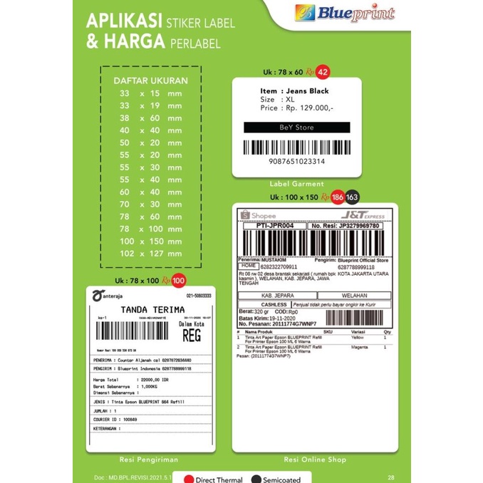 

Kertas Label Thermal Stiker Resi BLUEPRINT Lite 102x127 mm 500Pcs Roll