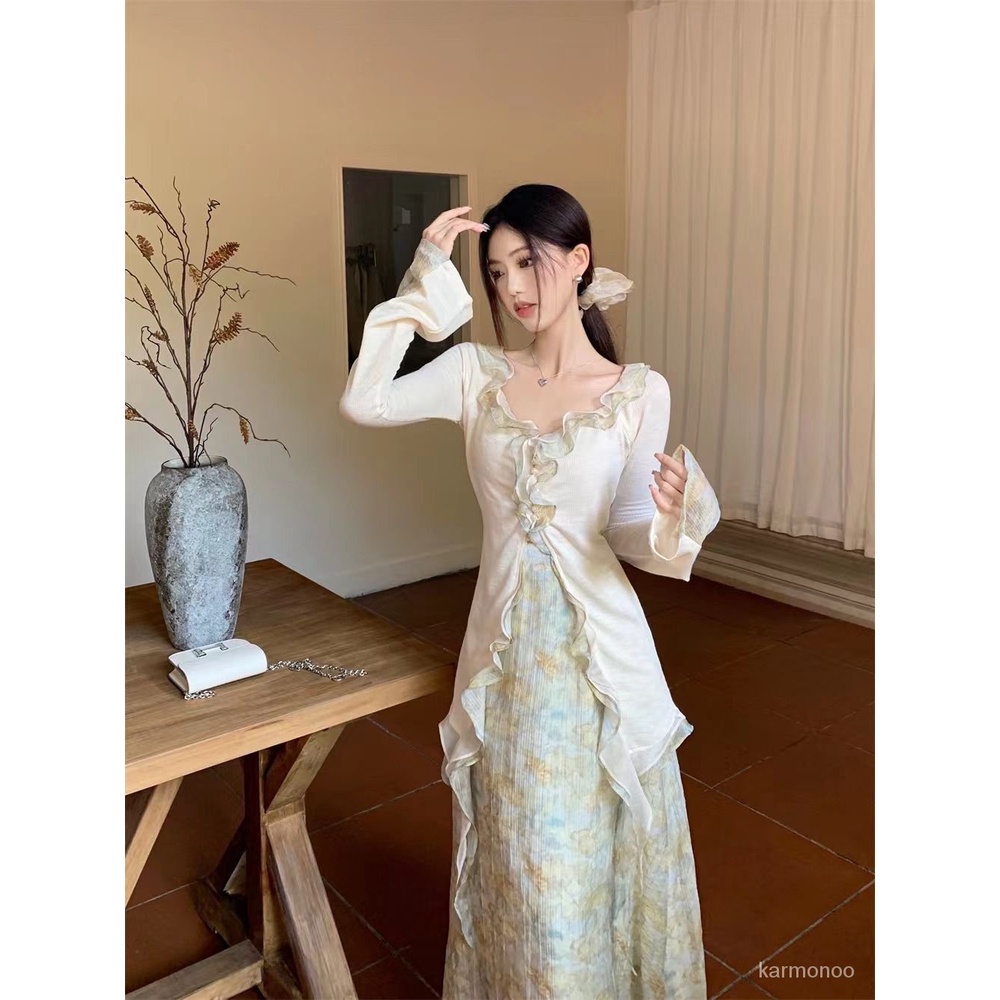 READY/Kemeja lengan panjang angin lembut bustier bunga rok panjang rok panjang set busana wanita