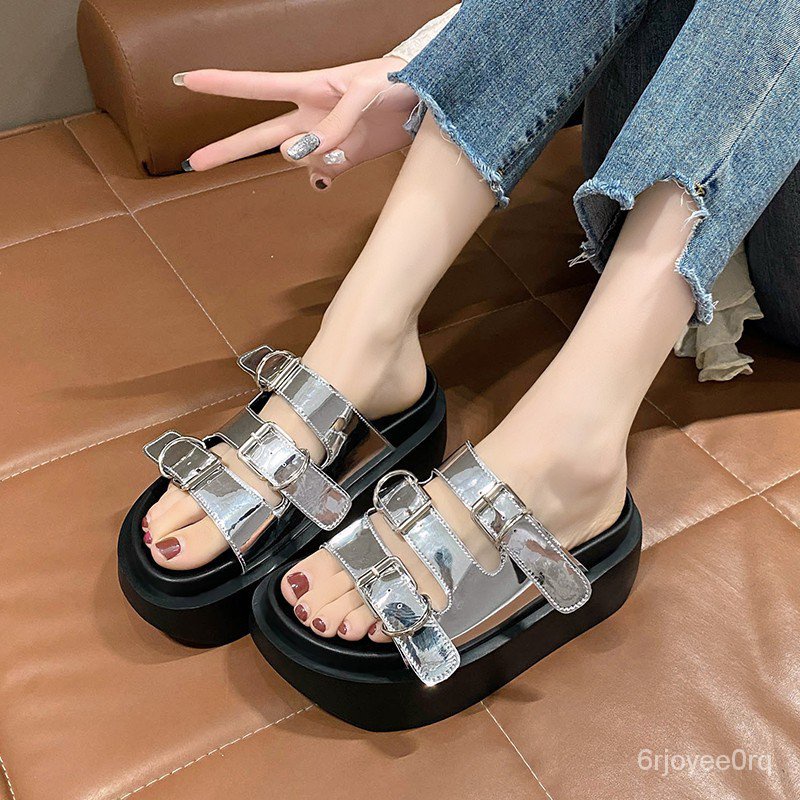 

High-Grade Metal Buckle Patent Leather Fashion Platform Bread Sandals Women's Summer Outer Wear Thick Bottom8cmHeight Increasing Slippers