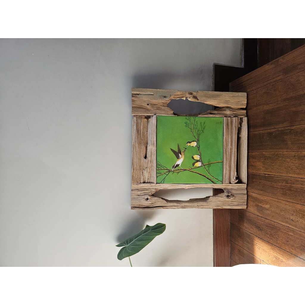 Lukisan Dinding Burung Pleci Dakun Auri Auriventer Frame Kayu Painting