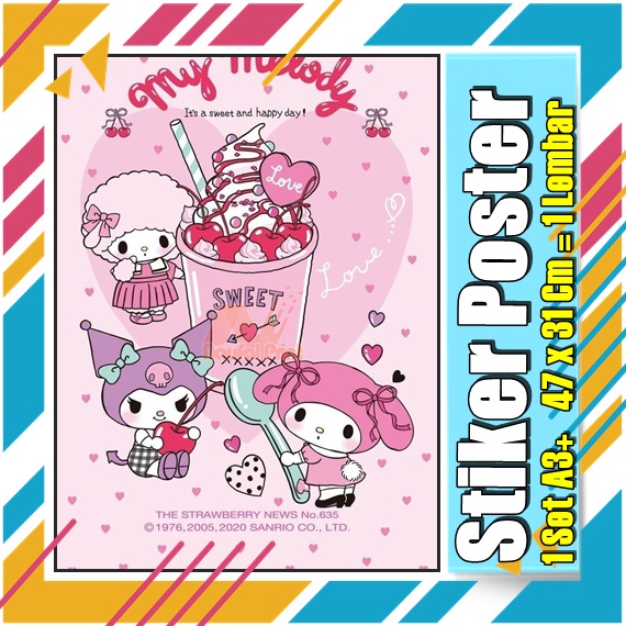 Stiker Poster A3 Hello Kitty My melodi kucing Karton Pink Lucu Imut Anak Gambar Cetak Sticker Custom