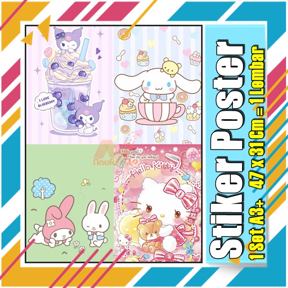Stiker Poster A3 Hello Kitty My melodi kucing Karton Pink Lucu Imut Anak Gambar Cetak Sticker Custom