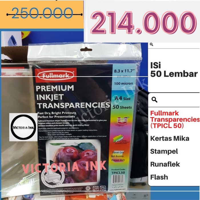 

Promo Kertas Mika Transparan Fullmark Premium Inkjet Transparencies Tpicl50