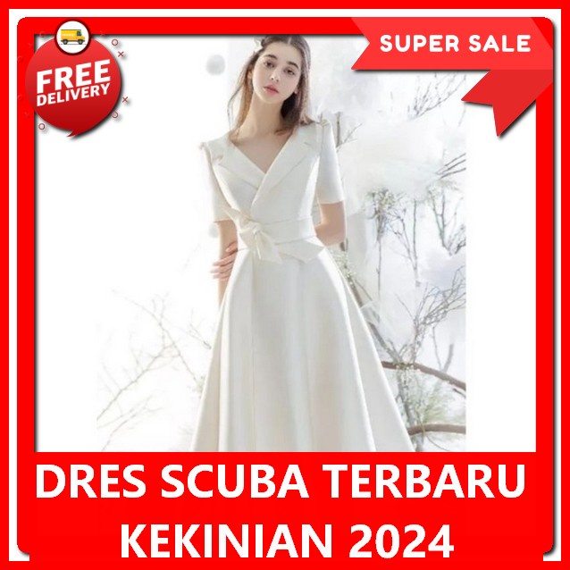 Dress Korean Style Scuba Baju Resepsi Pernikahan Modern Dreas Natal Merah Maroon Dres Pesta Mewah El