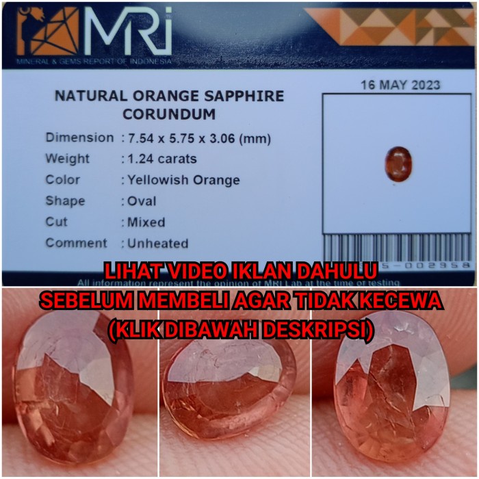 [Baru] Natural Orange Sapphire Corundum Unheated Nte 1.24Cts Memo Mri Terbatas