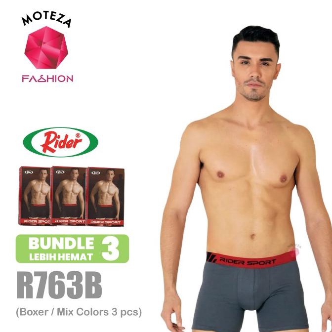 ISI 3 pcs- Celana Dalam Pria Boxer - RIDER Sport R 763 B - Hitam Abu