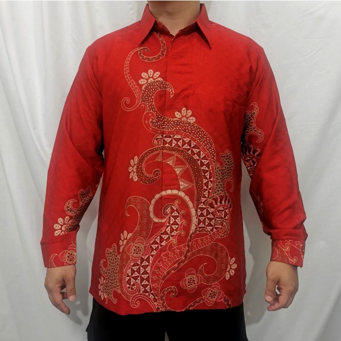[COD] Ktp2110014 Batik Sutra Putih Kemeja Tangan Panjang Premium Merah Diskon