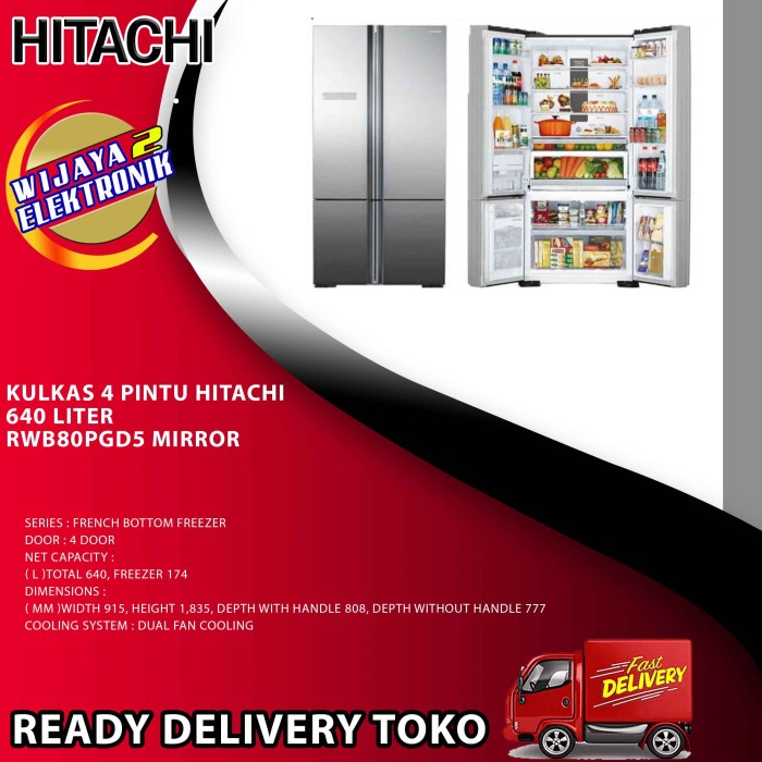 ✨Original Kulkas 4 Pintu Hitachi 640 Liter Rwb80Pgd5 Mirror Berkualitas