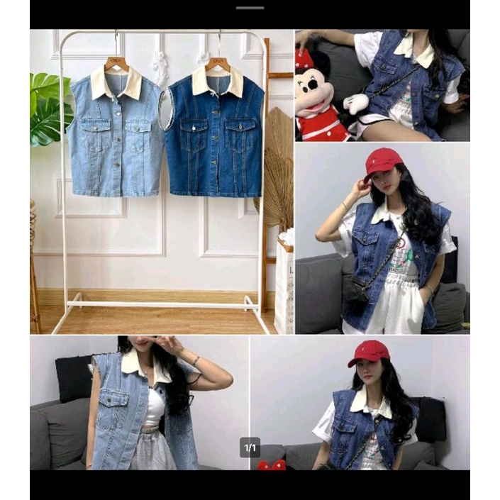 Jaket blue n denim lengan buntung kerah