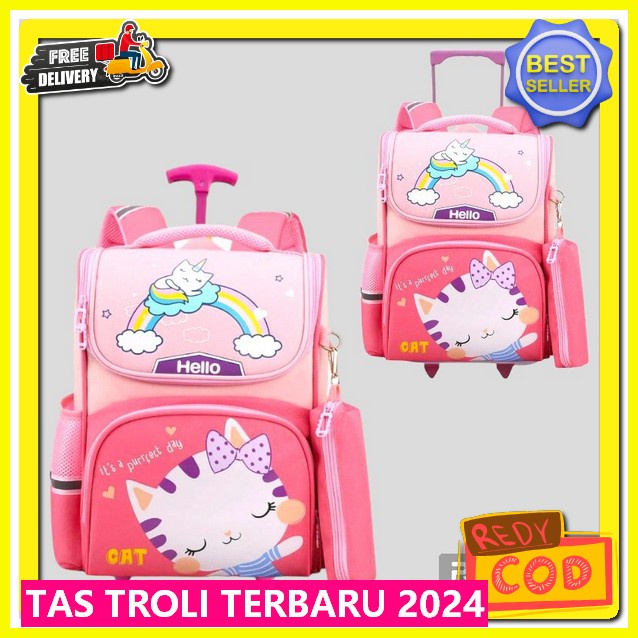 Tas Troli Anak Perempuan 2024 Tas Trolley Perempuan Tk Kartun Karakter Hello Kitty Tasae Roda Impor 
