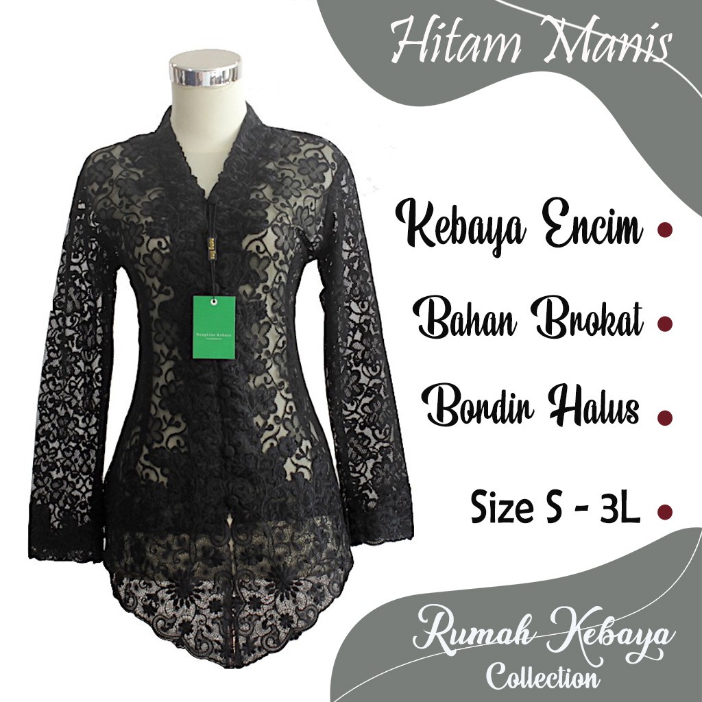 [EXCLUSIVE] MODEL TERKINI Kebaya Encim Kartini Brokat Furing Katun Modern Hitam Manis Lengan Panjang