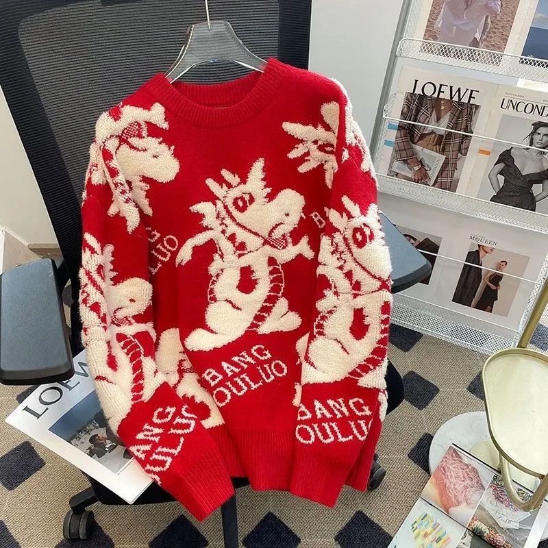 Sweater Lengan Panjang Pria, Sweater Jacquard Tahun Naga Baru